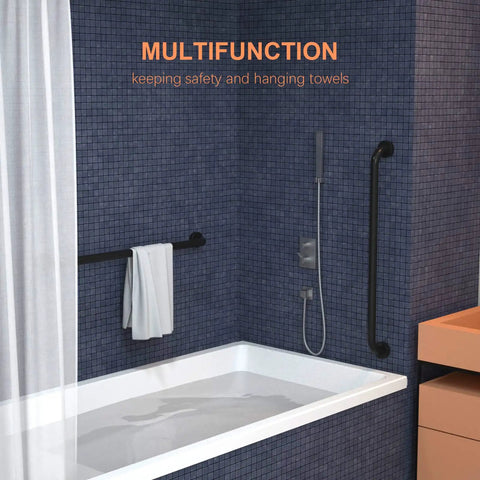 Bathroom with Two Pack Matte Black Shower Grab Bar Set, 40 Inch Stainless Steel Bathroom Hand Rail, One And One Quarter Inch Outer Diameter.
