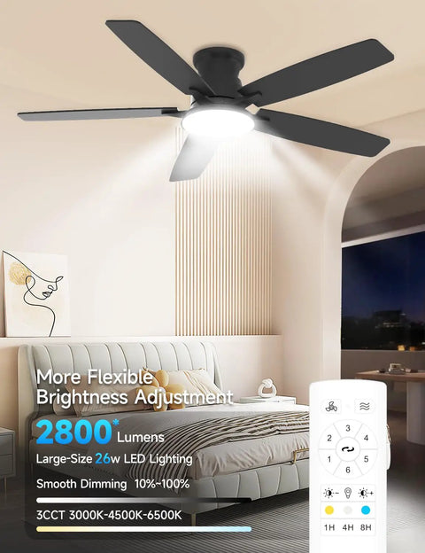 Flush Mount Ceiling Fan With Light 52 Inch Remote Control 3CCT Dimmable LED Six Speed Ultra Quiet Reversible DC Motor Low Profile Hugger For Indoor Outdoor 90 To 264 Volt Matte Black in modern bedroom setting