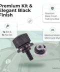 Rock Solid Aluminum Motorcycle Seat Bolts Quick Swap Kit With Knockout Precision Threads For Harley Davidson Sportster Softail Touring Dyna Dead Simple Setup Black showing 1 bolt and 1 nut set.