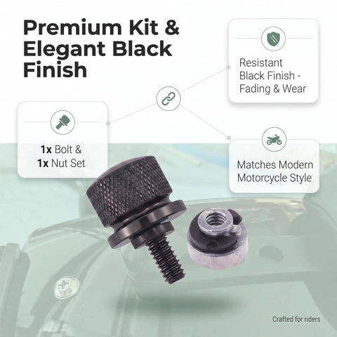 Rock Solid Aluminum Motorcycle Seat Bolts Quick Swap Kit With Knockout Precision Threads For Harley Davidson Sportster Softail Touring Dyna Dead Simple Setup Black showing 1 bolt and 1 nut set.