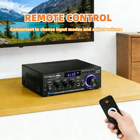 Remote controlling Beefy 800W 2 Channel Bluetooth 5.0 Power Amplifier System with FM Radio USB SD Card for home theater use.