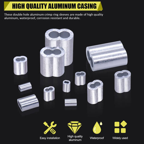 Eight Size Aluminum Crimping Loop Sleeve Set For Wire Rope And Cable 1.2 Mm To 6 Mm Waterproof Corrosion Resistant Ferrule Kit 222 Pieces