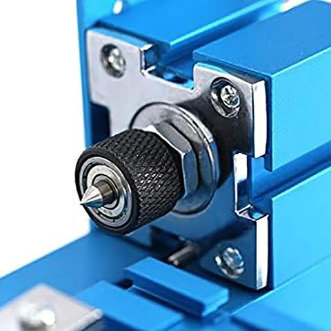 Close-up of Mini Motorized Lathe Machine For Diy Enthusiasts And School Tech Classes showing precision tuning knob and metal components.