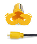 Image of Large Electrical Plug Lockout Device for Safe Maintenance Universal Lockout Box That Really Keeps Outlets Locked With Padlocks Recycled Plastic USA Made Yellow.