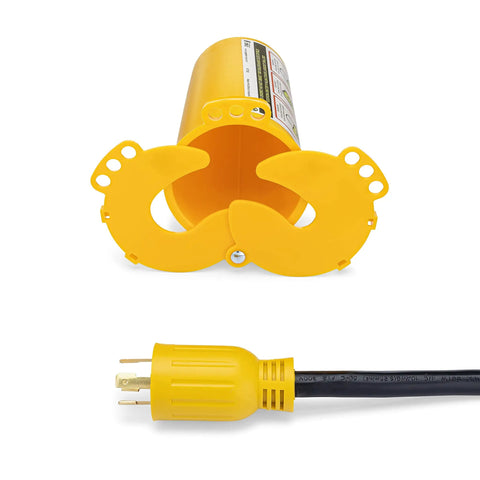 Image of Large Electrical Plug Lockout Device for Safe Maintenance Universal Lockout Box That Really Keeps Outlets Locked With Padlocks Recycled Plastic USA Made Yellow.