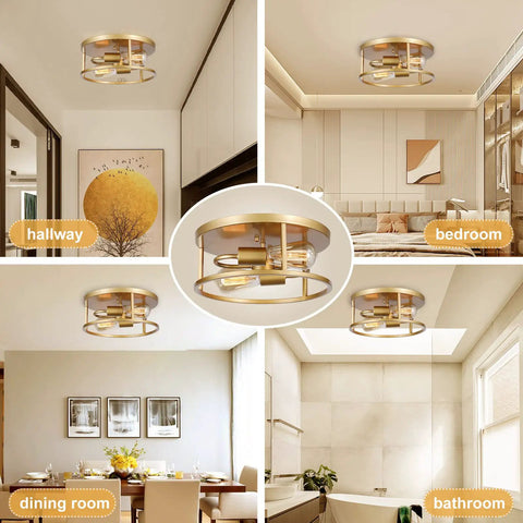 Dope Gold Flush Mount Ceiling Light 12 Inch Modern Round Fixture with two lights in hallway, bedroom, dining room, bathroom