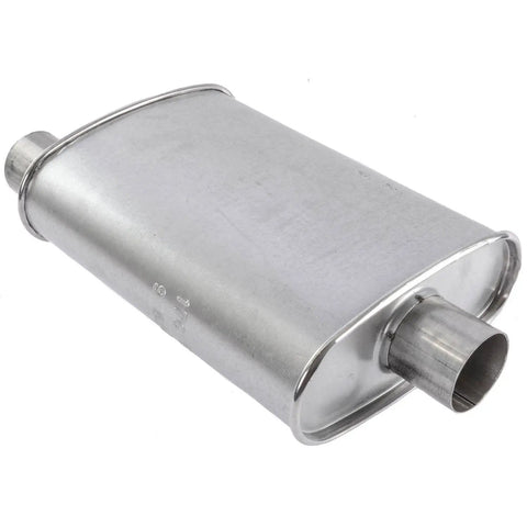 Installer Turbo Universal Exhaust Muffler with 2.5 Inch Inlet and Outlet, aluminized steel, angled view of muffler body