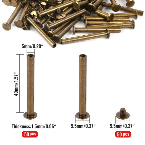 Heavy Duty Chicago Binding Screws Featuring Phillips Head Nuts For Rock Solid Leather Crafting And Scrapbooks Hella Simple Quick Swap Bronze Steel Posts Great For Diy Makers Looking For Snappy Reliable Fasteners In A 50 Piece Lot. Close-up of 50 bronze screws with varying sizes and specifications.