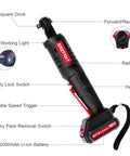 12 Volt Cordless Ratchet Wrench Set Three Eighths Inch Drive With Thirty Five Ft Lbs Torque And Two Hundred Thirty RPM Fast Charger And 2.0Ah Battery showing parts labeled
