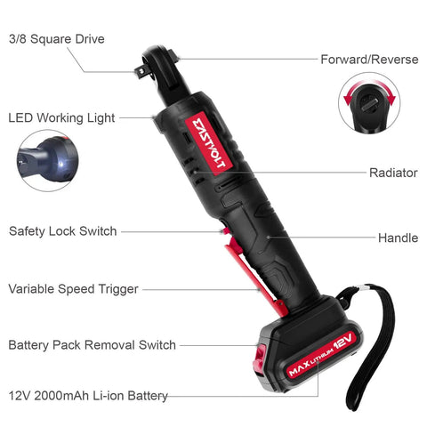 12 Volt Cordless Ratchet Wrench Set Three Eighths Inch Drive With Thirty Five Ft Lbs Torque And Two Hundred Thirty RPM Fast Charger And 2.0Ah Battery showing parts labeled