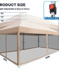 10x20 Pop Up Canopy Tent With Mosquito Netting, Instant Waterproof Outdoor Screen Shelter in beige showing adjustable height