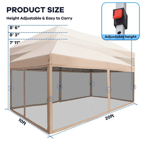 10x20 Pop Up Canopy Tent With Mosquito Netting, Instant Waterproof Outdoor Screen Shelter in beige showing adjustable height