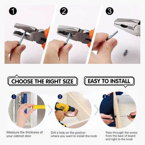 Installation guide for Badass White Round Cabinet Knobs For Kitchen And Farmhouse Drawers showing measurement, drilling, and securing methods.