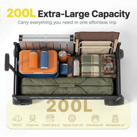 Heavy Duty Folding Wagon Cart For Camping And Beach 400 Lb Capacity packed with camping gear and groceries, showcasing 200L capacity.