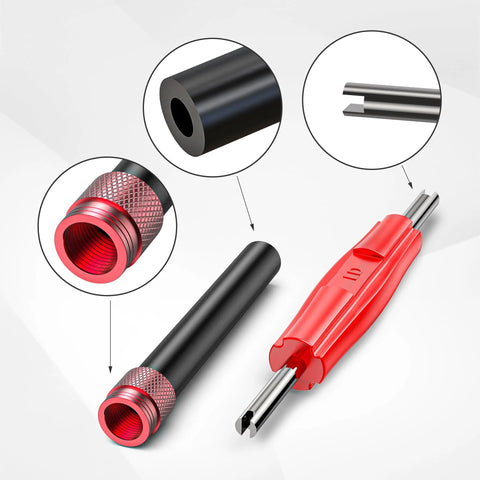 EVAP service port adapter kit with valve removal tool; red handle and black knurled adapter for smoke-leak tester use.