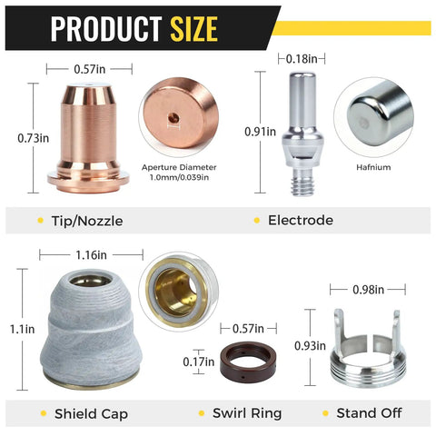 23Pcs Plasma Cutter Torch Consumables Set Replacement Parts For PT60 IPT60 PT40 IPT40 Electrodes And Nozzles 1.0mm 0.039in product diagram