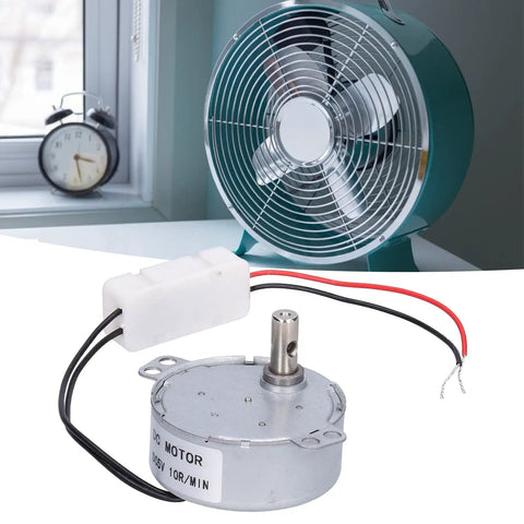 High Efficiency Brushless Geared DC Motor With Low Power Draw 4W And Steady 10 RPM for appliances and DIY projects shown with fan.