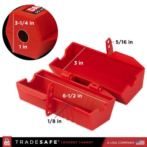 Heavy Duty 220 Volt Cord Lockout For Two Plugs Large Electrical Plug Lockout Device Industrial Grade Non Conductive Polypropylene OSHA Compliant Red Lockout Tool For Energy Isolation open view showing dimensions and design