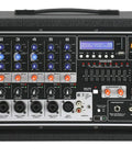 Front panel of PVi 6500 All In One Powered Mixer With FLS Feedback Locating System, 6 combo XLR and quarter inch inputs visible