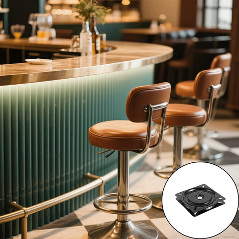 Bar setting with leather stools and inset of 3 Piece Six And A Quarter Inch Bar Stool Swivel Plate Heavy Duty Steel Seat Swivel Base.