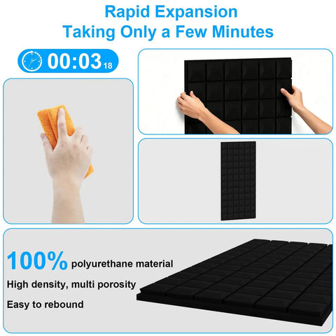 Four Pack Heavy Duty Acoustic Foam Panels Top Tier Sound Deadening Wall Tiles Noise Cancelling Studio Pads Pro Grade Soundproofing for Home Office and Music Rooms, demonstrating easy installation.