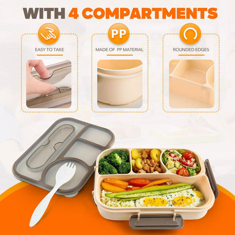 Open Workhorse Four Compartment Bento Box for Adults, 1000ml Capacity, BPA Free, with salad and cutlery, khaki color