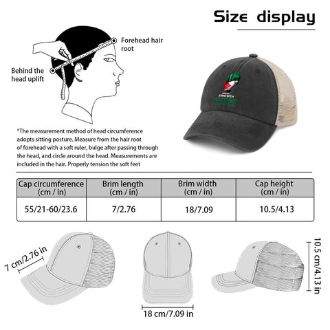 I Stand With Palestine Dope Adjustable Trucker Hat For Women And Men with size chart and measurements shown
