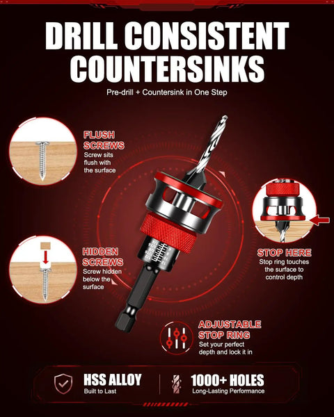 Professional Countersink Drill Bit Set With Adjustable Depth Stop Collar For Woodworking featuring detailed depth stop and HSS construction.