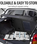Boss Level Heavy Duty Aluminum Work Platform Folding Step Ladder With Non Slip Surface And Safety Lock Built To Last For Washing Cars Cleaning And Painting 45 Inch By 12 Inch By 27 Inch folded in car trunk