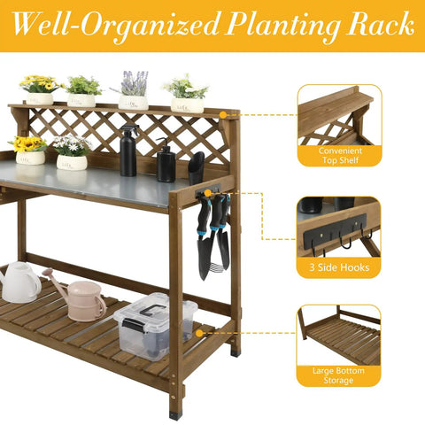 Garden Potting Bench With Metal Tabletop And Drawer Outdoor Potting Table Workstation With Storage Shelf And Open Shelf Fir Wood Potting Station With Lattice Back And Raised Edges For Tools, showing lattice back, bottom shelf, and hooks.