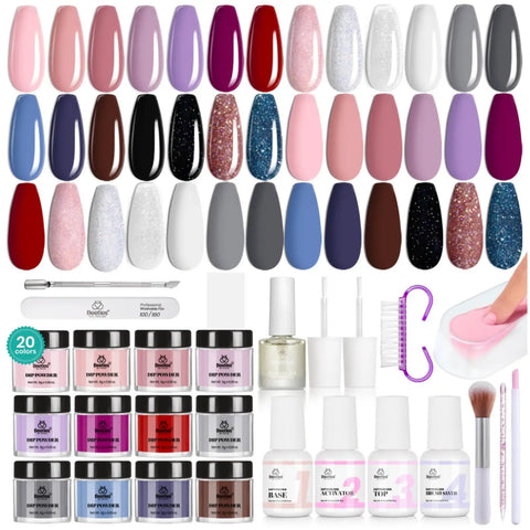 35 Piece Dip Powder Nail Kit Set With 20 Modern Muse Colors Nude Pink Blue Glitter Plus Base Coat Top Coat Activator And Pro Tools For Nail Art Manicure displayed with jars, liquids, and tools