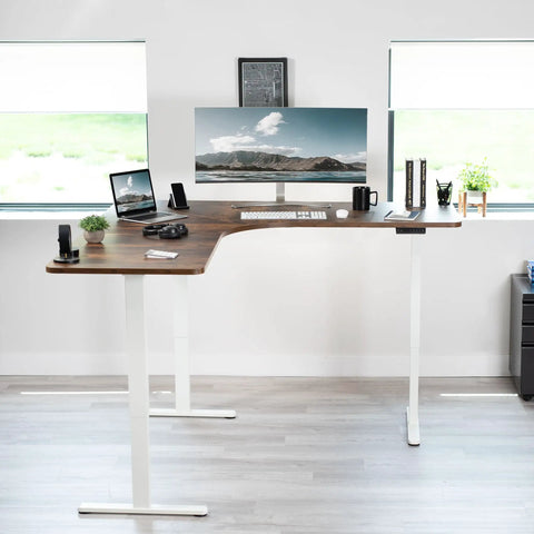 Vivo Electric L Shaped Corner Standing Desk With Memory Height Adjustment And White Finish For Office Ergonomic Sit Stand Workstation Dual Motor Lift System Smooth Operation Spacious Workspace, modern setup with dual monitors.