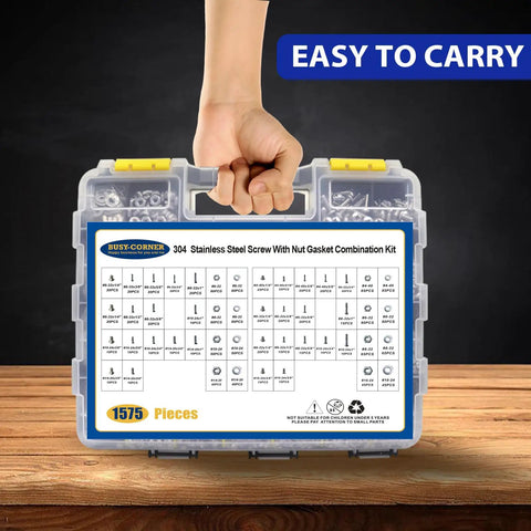 1575 Piece Stainless Steel Nuts and Bolts Kit With Phillips Pan Head and Flat Head Screws Assorted Nuts Bolts Washers In Double Sided Organizer Box For Home Garage And Shop Use DIY Ready held by hand