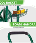 Close-up of tool basket and foam handrail on heavy duty garden hose reel cart with four wheels holds up to 300 feet of five eighths inch hose