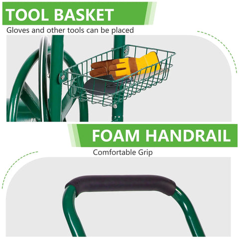Close-up of tool basket and foam handrail on heavy duty garden hose reel cart with four wheels holds up to 300 feet of five eighths inch hose