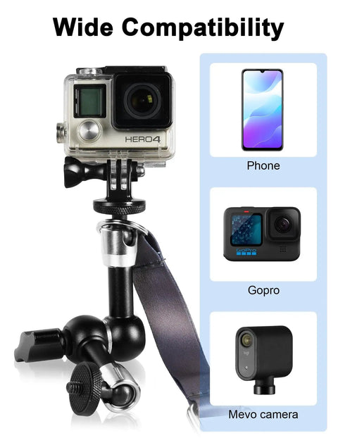 Fence Mount Live Streaming Kit For Mevo Start And GoPro On Chain Link Fences showing camera mount compatibility.