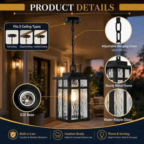 Top Shelf Black Outdoor Pendant Light For Porch With Water Ripple Glass Panels And Sleek Square Metal Frame Weatherproof Exterior Hanging Lantern Real Deal Farmhouse Glow Quick Setup with adjustable chain and E26 base.