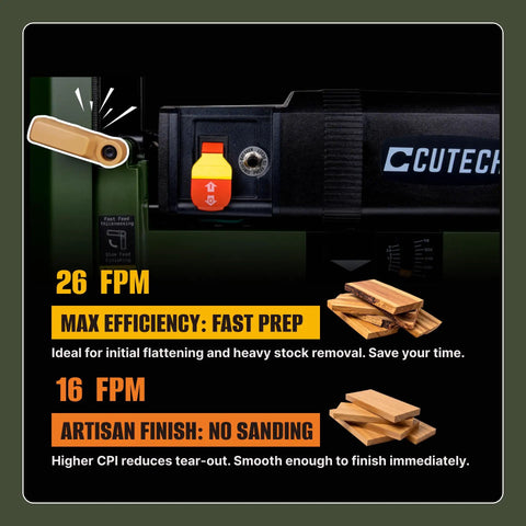 Absolute Knockout 13 Inch Benchtop Planer Packing A Spiral Cutterhead With 26 Tungsten Carbide Inserts For That Flawlessly Silky Cut Zero Tearout Thanks To Dual Speed Feed And Precision Snipe Guard, features controls and wood samples.