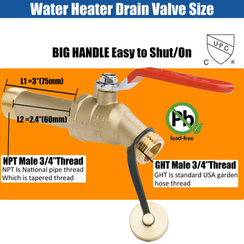 Lead Free Brass Water Heater Drain Valve With Full Port Design Three Quarter Inch MIP To Three Quarter Inch Garden Hose Thread, big handle