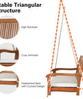 Two Person Outdoor Hanging Porch Swing With High Back And Cozy Armrests, Heavy Duty 800 Lb Capacity, Eucalyptus Wood Bench Swing design