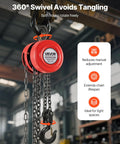 Front view of red VEVOR hand chain hoist, 2-ton capacity, galvanized chain, heavy-duty hook.