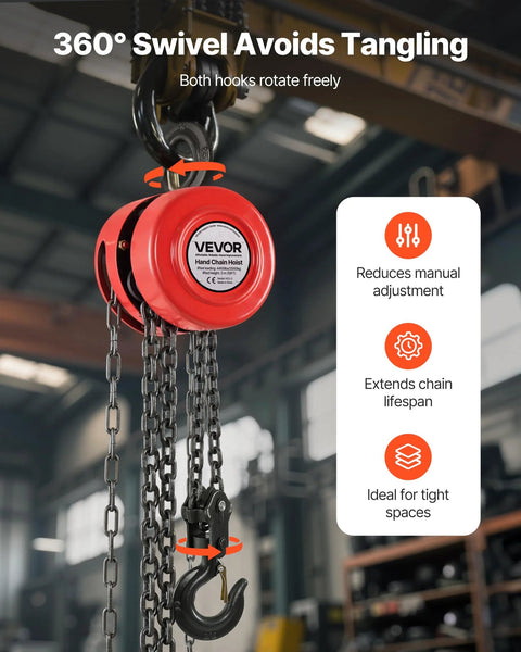 Front view of red VEVOR hand chain hoist, 2-ton capacity, galvanized chain, heavy-duty hook.