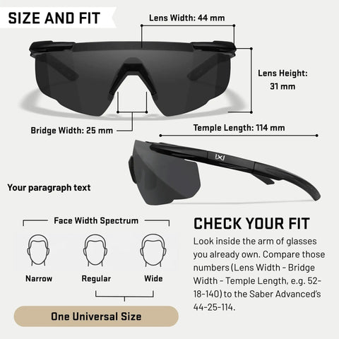 Size and fit guide for Badass Tactical Shooting Safety Glasses With Interchangeable Lenses, showing lens dimensions and face width spectrum.