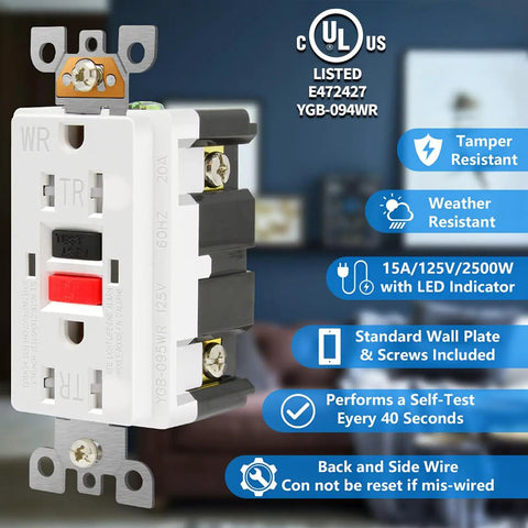 GFCI Outlet 15 Amp Self Test Receptacle With LED Indicator, Tamper Resistant, Weather Resistant, UL Listed, front view