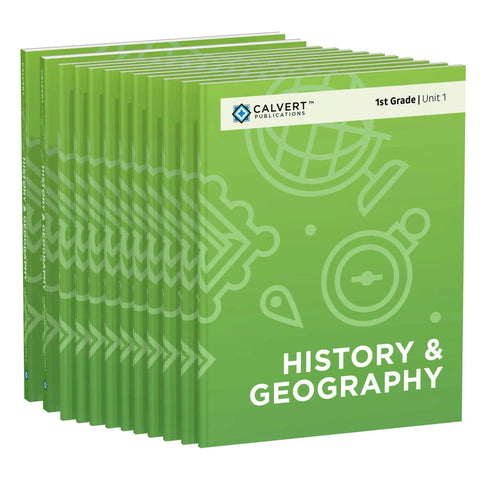 History And Geography Grade 1 Complete Set All-In-One First Grade Curriculum With Ten Colorful Workbooks displayed in a stack.
