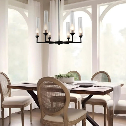 6 Light Modern Farmhouse Chandelier Pendant Lighting With Clear Glass Shades In Industrial Black Finish For Foyer And Living Room