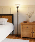 71 Inch Dark Bronze Floor Lamp With Alabaster Glass Shade, Rustic Modern Style for living room or bedroom in cozy setting