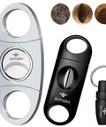 Roygra cigar cutter set (3-pack): stainless steel guillotine in silver, black punch tool with keychain.
