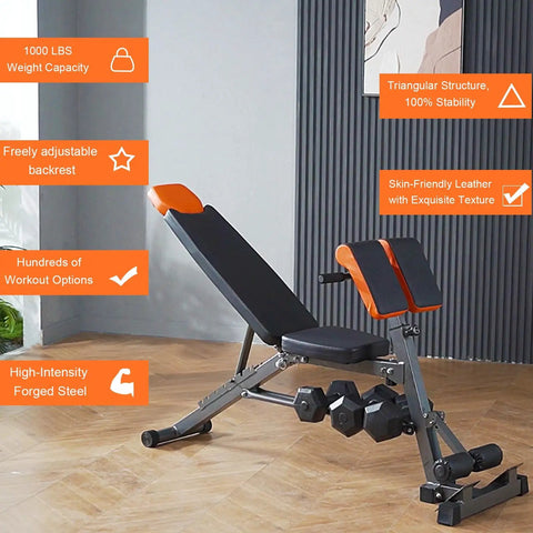 Heavy Duty 890Lbs Weight Bench With Over 100 Exercise Variations, Multi Function FID Bench shown with adjustable backrest.