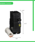 QO Qwik-Gard 50 Amp Two-Pole GFCI Circuit Breaker for Home Panels, showing dimensions and plug-on design.